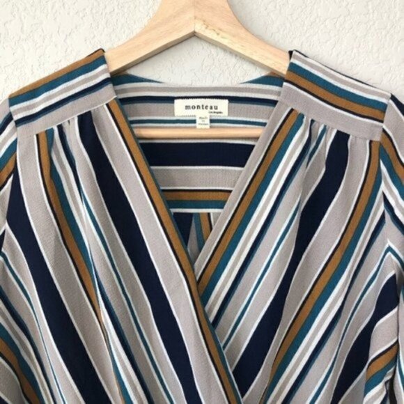 Boutique Monteau Colorful Stripe Faux Wrap Surplice Long Sleeve Top M - Picture 4 of 7